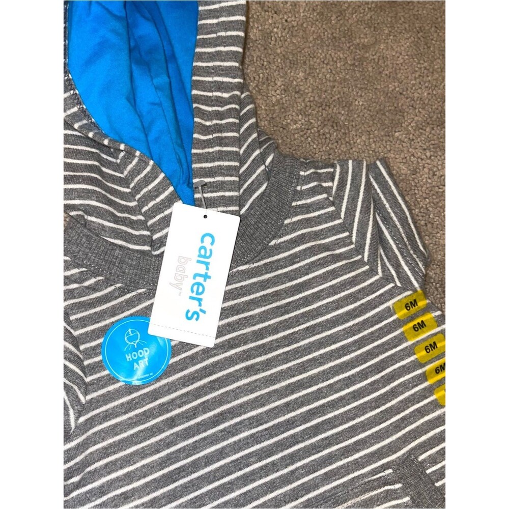 Carter's Gray & White Striped Hooded Romper with Blue Hood Lining